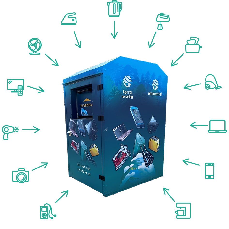 Wygląd pojemników na elektroodpady rozmieszczonych na terenie gminy