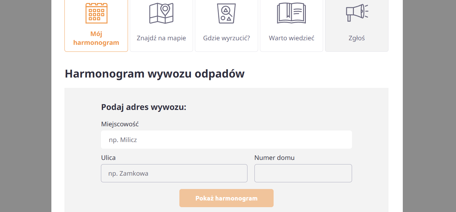 Fragment formularza wyszukiwarki harmonogramu wywozu odpadów